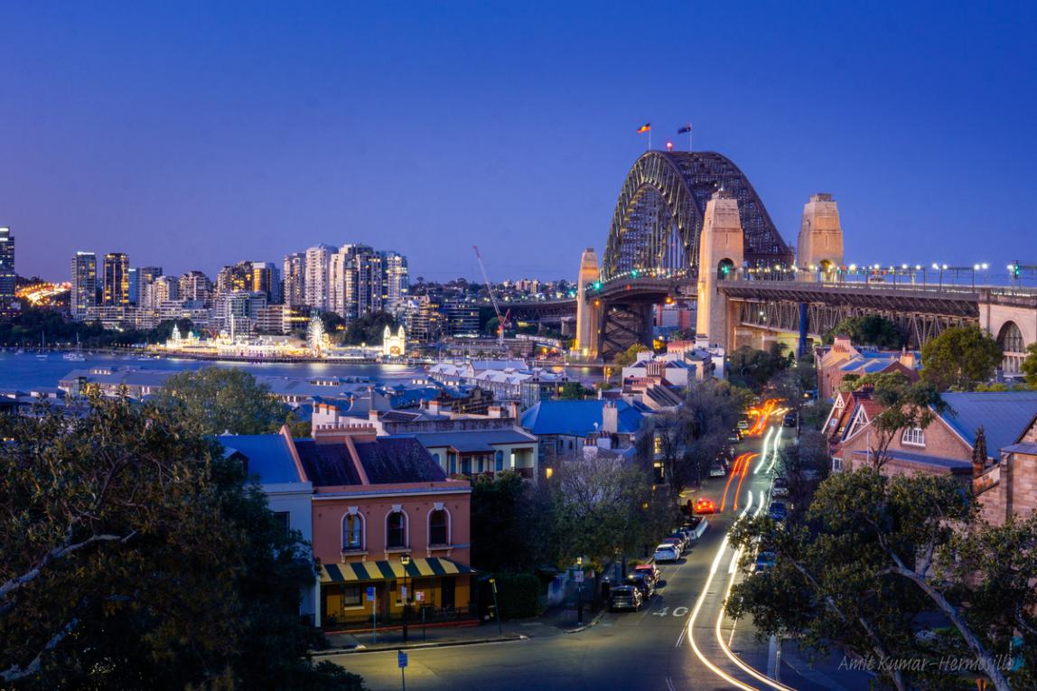 sydney bridge and city at night