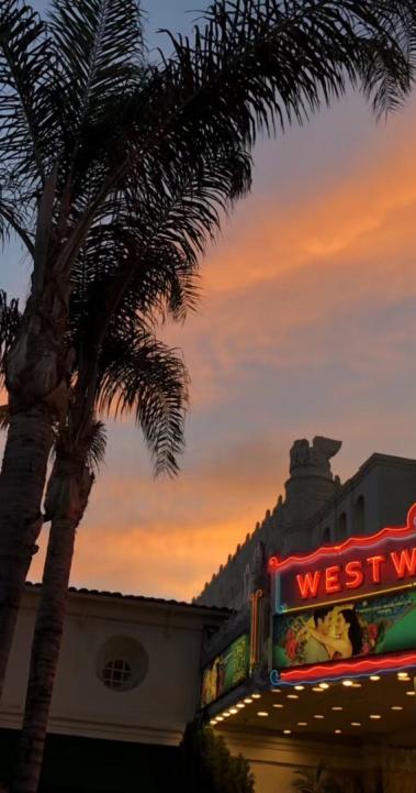 LA Westwood Village neon sign with sunset sky