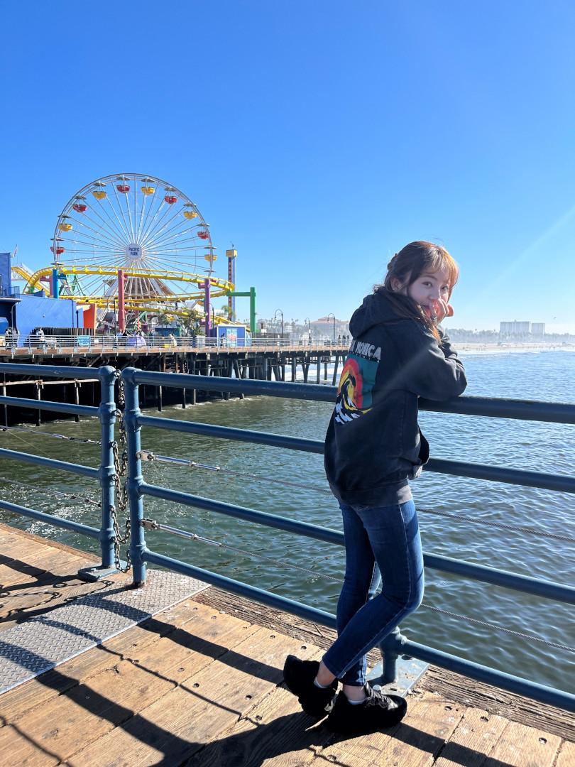 海沿いの観覧車をバックに撮影した写真