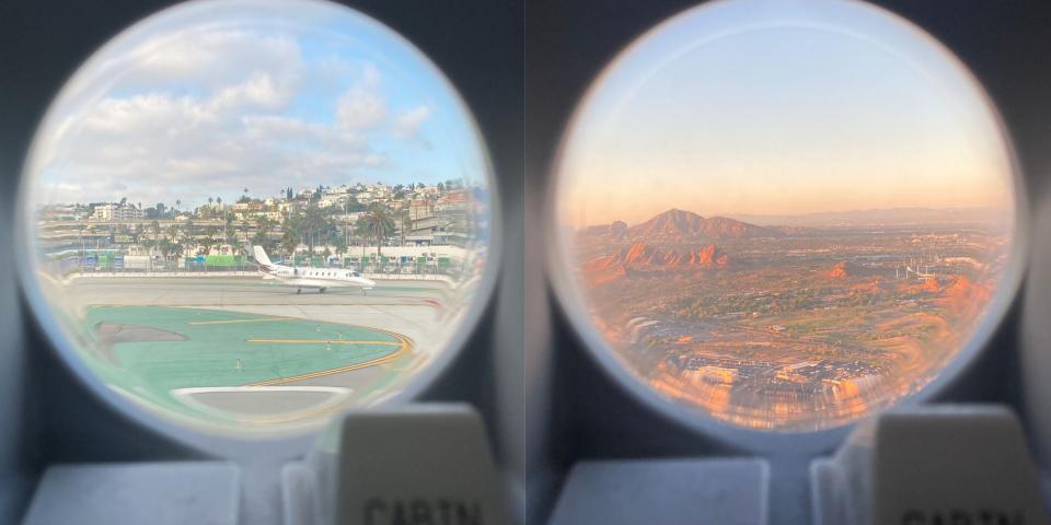 移り変わる飛行機の窓からの景色